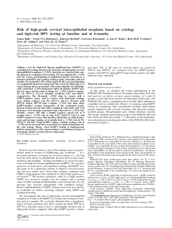 (PDF) Risk of high-grade cervical intra-epithelial neoplasia based on ...