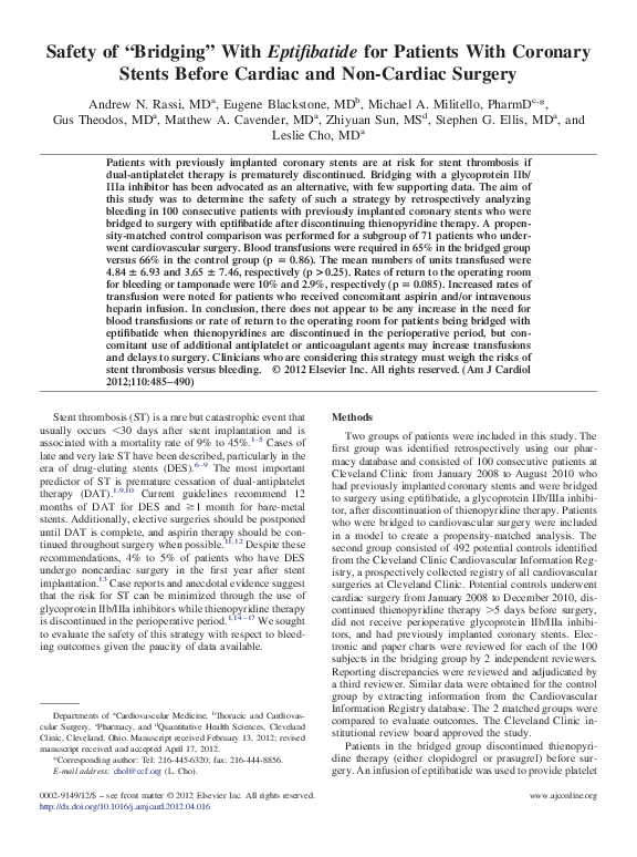 (PDF) Safety of “Bridging” With Eptifibatide for Patients With Coronary ...