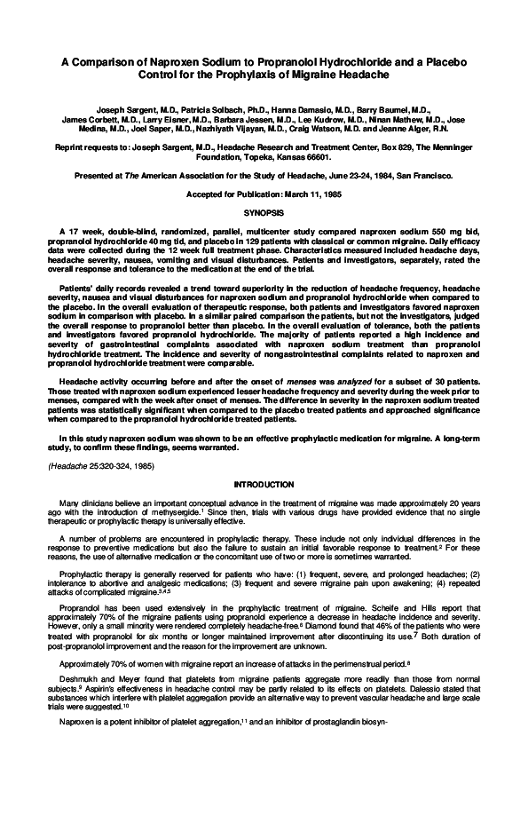 (PDF) A Comparison of Naproxen Sodium to Propranolol Hydrochloride and