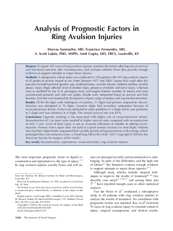 (PDF) Analysis of prognostic factors in ring avulsion injuries