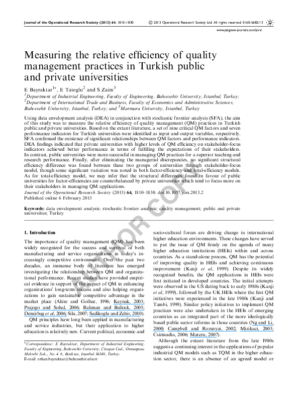  PDF Measuring The Relative Efficiency Of Quality Management Practices 