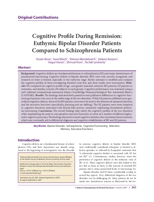(PDF) Cognitive Profile During Remission: Euthymic Bipolar Disorder ...