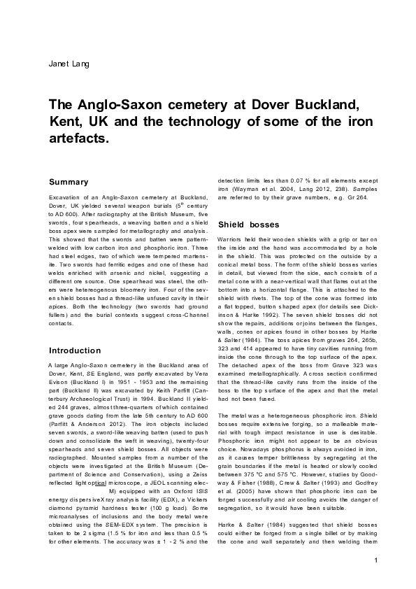 The Anglo-Saxon Cemetery at Dover Buckland, Kent, UK and the technology of some of the iron artifacts