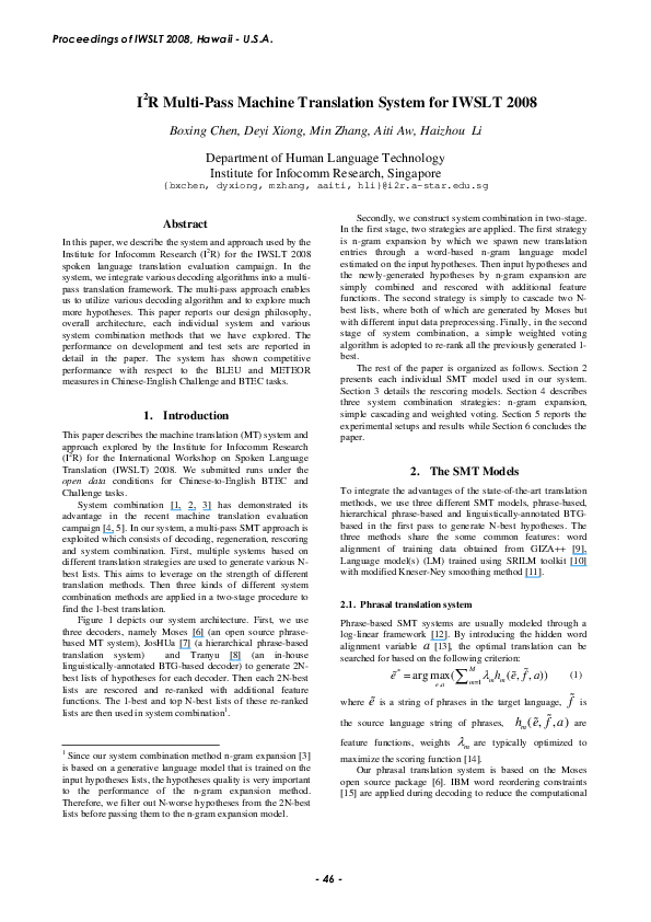 (PDF) I2R Multi-Pass Machine Translation System for IWSLT 2008