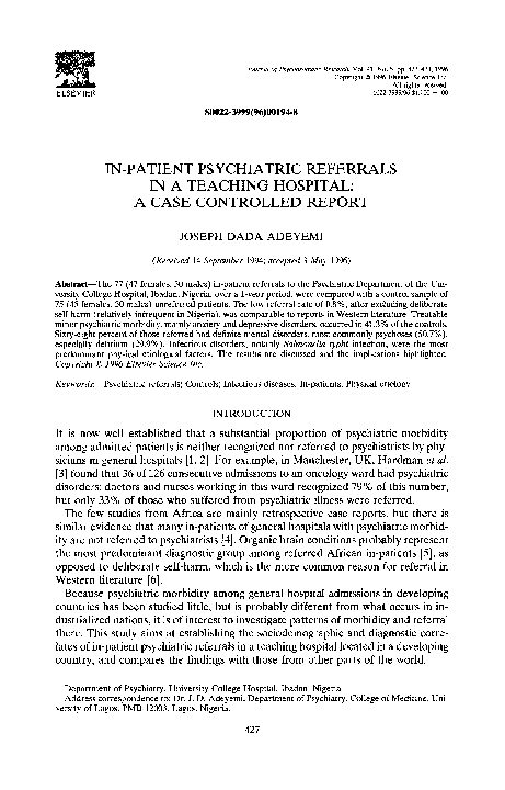 (PDF) In-patient psychiatric referrals in a teaching hospital: A case ...