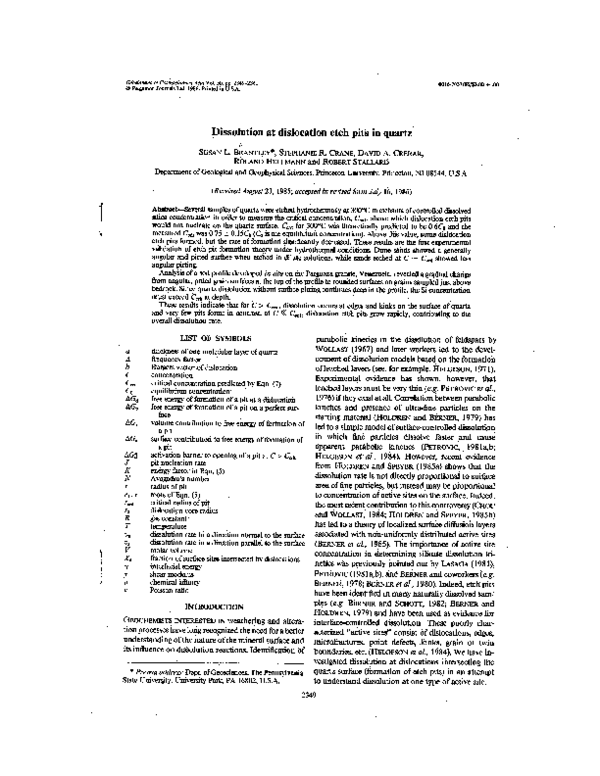 (PDF) Dissolution at dislocation etch pits in quartz Robert Stallard