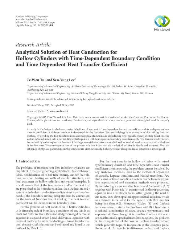 (PDF) Analytical Solution of Heat Conduction for Hollow Cylinders with ...