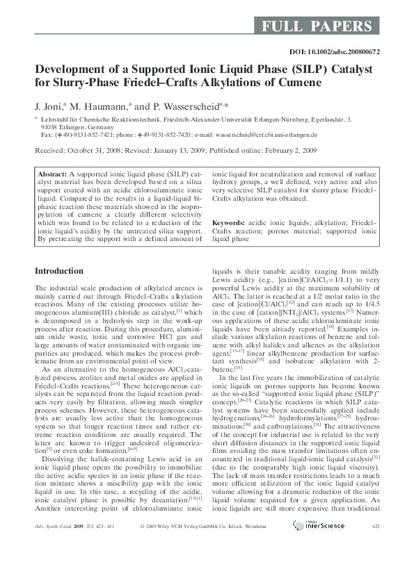 (PDF) Development of a Supported Ionic Liquid Phase (SILP) Catalyst for ...