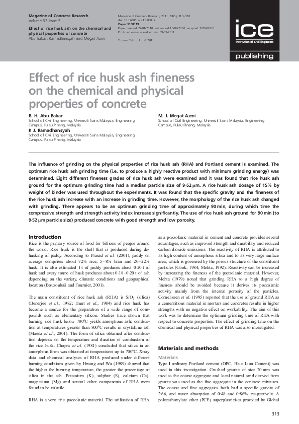 (PDF) Effect of rice husk ash fineness on the chemical and physical ...