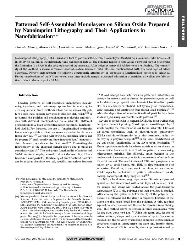 (PDF) Patterned self-assembled monolayers on silicon oxide prepared by ...