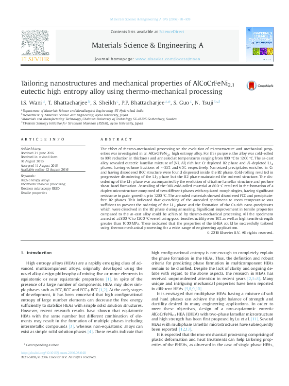 (PDF) Tailoring nanostructures and mechanical properties of AlCoCrFeNi ...