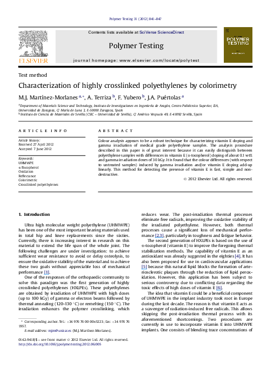 (PDF) Characterization of highly crosslinked polyethylenes by colorimetry