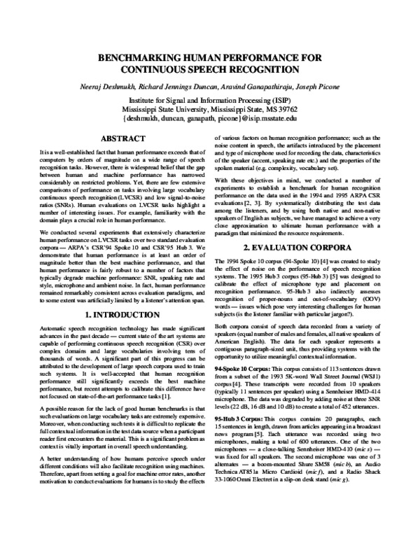 (PDF) Benchmarking human performance for continuous speech recognition