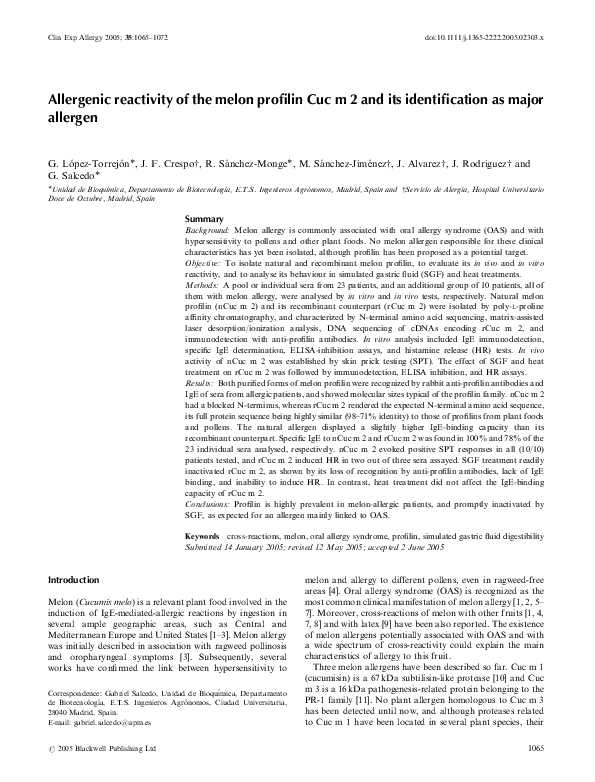 (PDF) Allergenic reactivity of the melon profilin Cuc m 2 and its