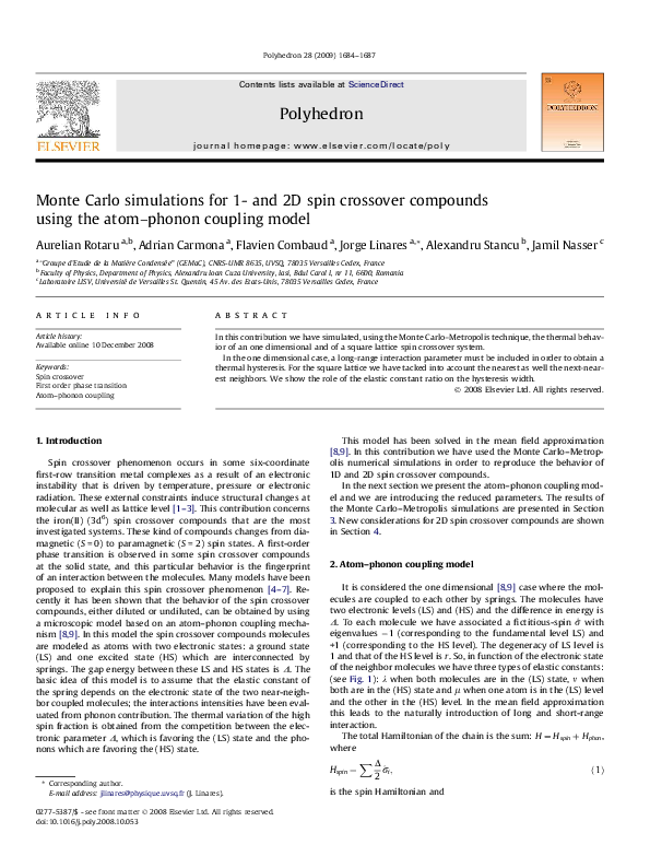 (PDF) Monte Carlo simulations for 1 and 2D spin crossover compounds