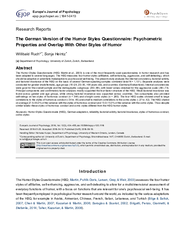 (PDF) The German Version of the Humor Styles Questionnaire ...
