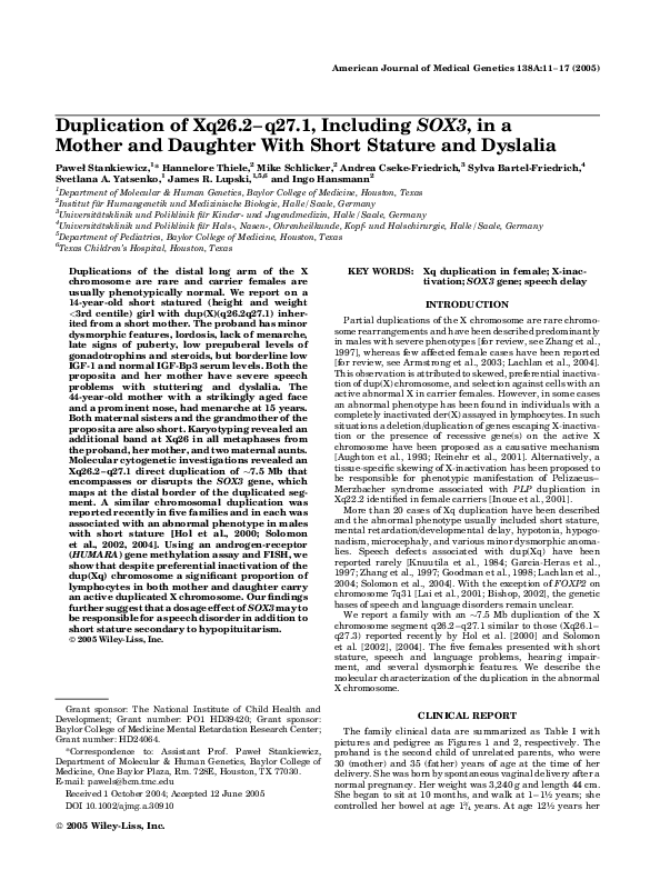 (PDF) Duplication of Xq26.2-q27.1, includingSOX3, in a mother and ...