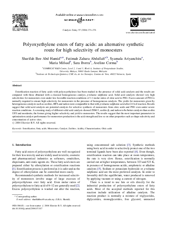 (PDF) Polyoxyethylene esters of fatty acids an alternative synthetic