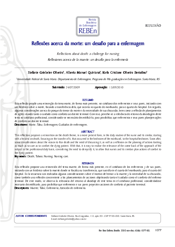 (PDF) Reflexões acerca da morte: um desafio para a enfermagem