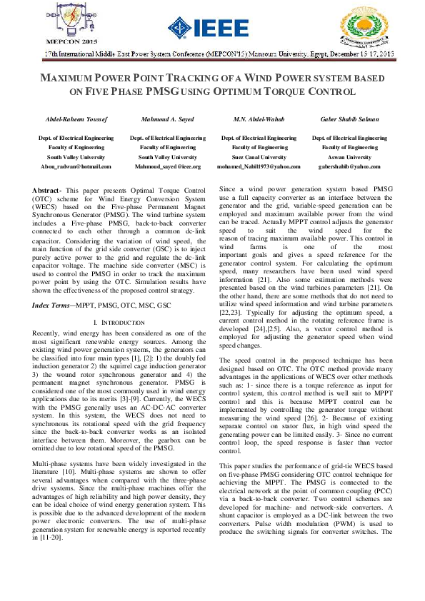 (PDF) MAXIMUM POWER POINT TRACKING OF A WIND POWER SYSTEM BASED ON FIVE ...