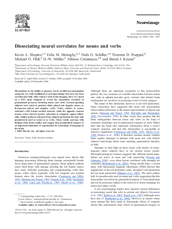 (PDF) Neural correlates of noun and verb production