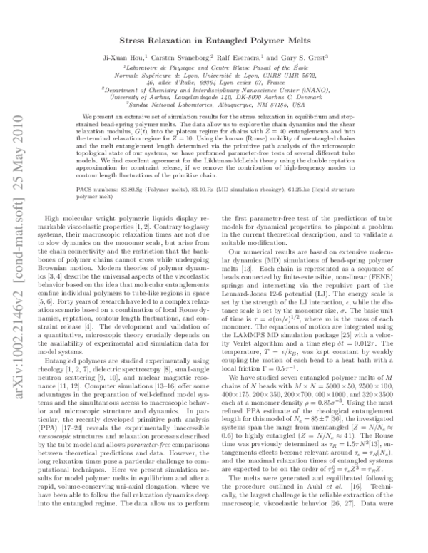 First page of “Stress Relaxation in Entangled Polymer Melts”