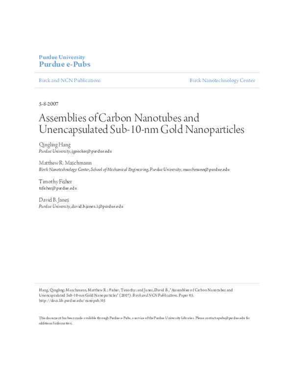 (PDF) Assemblies of Carbon Nanotubes and Unencapsulated Sub-10-nm Gold ...
