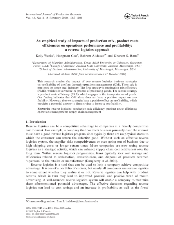 (PDF) An empirical study of impacts of production mix, product route ...