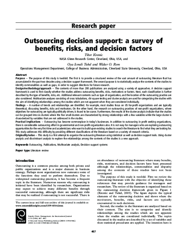 (PDF) Outsourcing decision support: a survey of benefits, risks, and ...