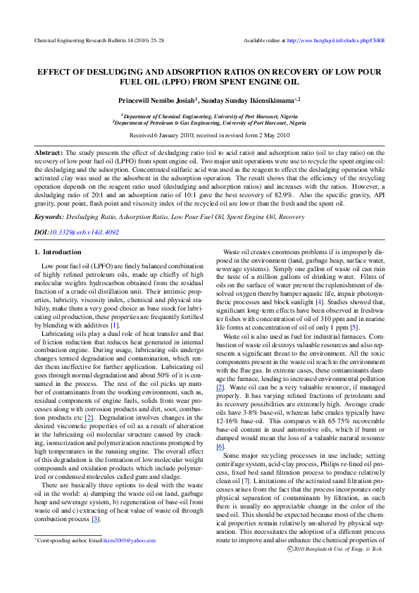 (PDF) The Effect of Desludging and Adsorption Ratios on the Recovery of Low Pour Fuel Oil (LPFO