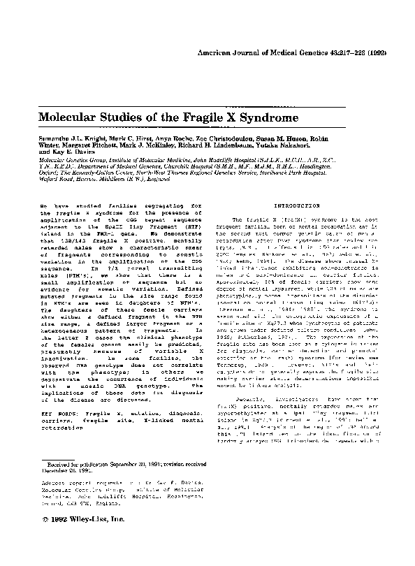 (PDF) Molecular studies of the fragile X syndrome