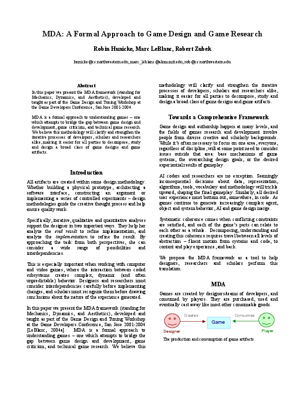 (PDF) MDA: A Formal Approach to Game Design and Game Research