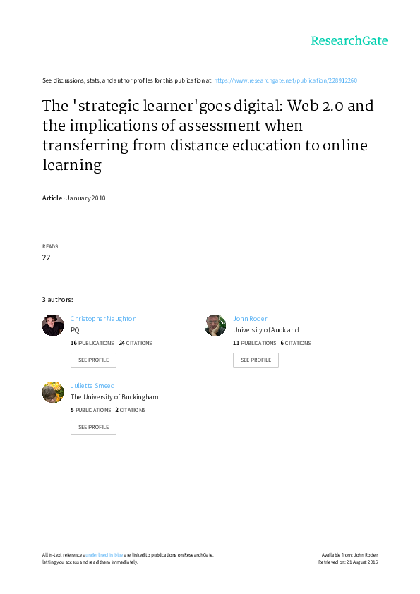 (PDF) The 'strategic learner'goes digital  2.0 and the implications
