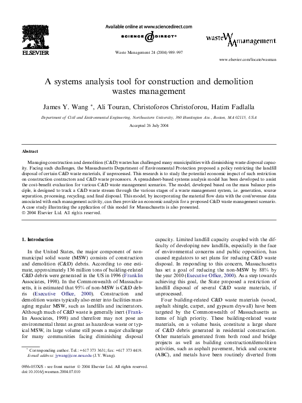 (PDF) A systems analysis tool for construction and demolition wastes ...