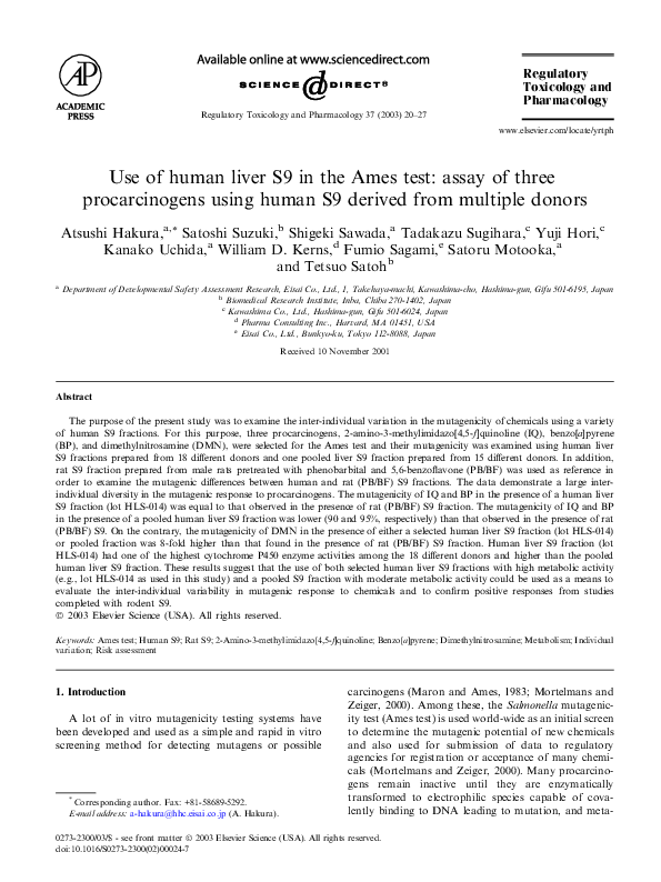 (PDF) Use of human liver S9 in the Ames test assay of three