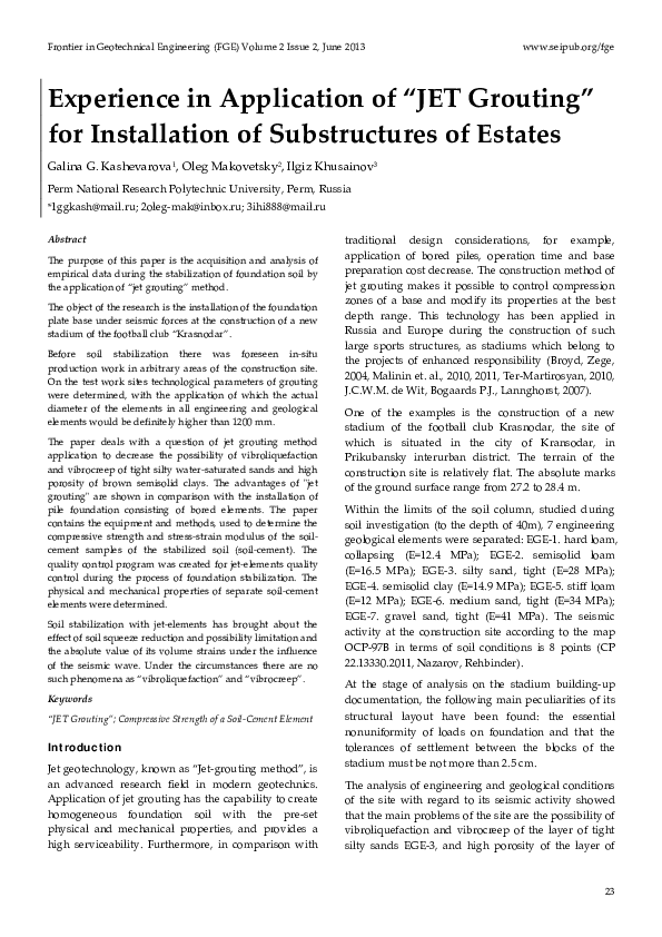 (PDF) Experience in Application of " JET Grouting " for Installation of ...