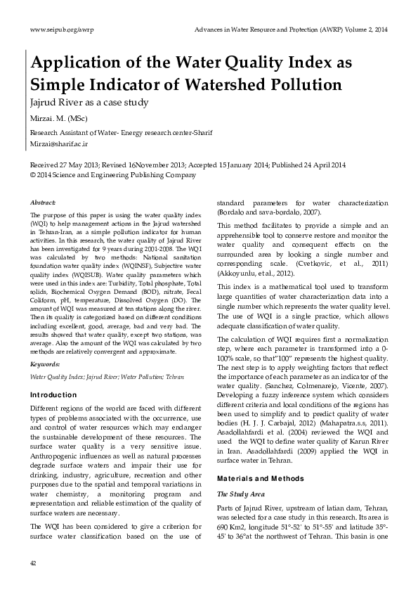 (PDF) Application of the Water Quality Index as Simple Indicator of Watershed Pollution Co