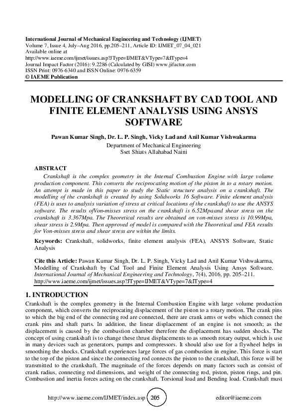 (PDF) MODELLING OF CRANKSHAFT BY CAD TOOL AND FINITE ELEMENT ANALYSIS USING ANSYS SOFTWARE