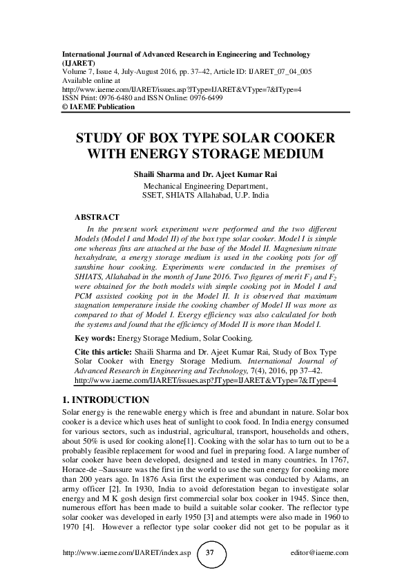 (PDF) STUDY OF BOX TYPE SOLAR COOKER WITH ENERGY STORAGE MEDIUM IAEME