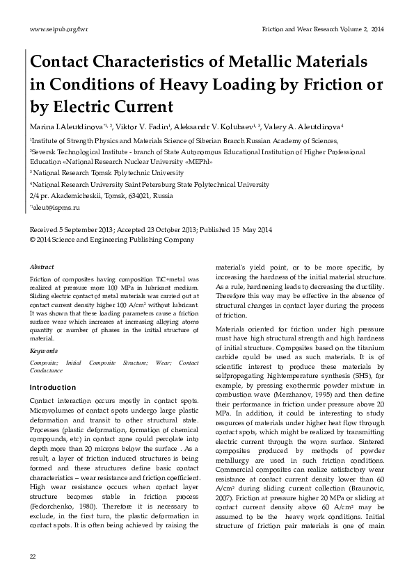 (PDF) Contact Characteristics of Metallic Materials in Conditions of