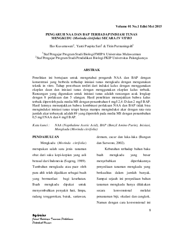 (PDF) Volume 01 No.1 Edisi Mei 2015 8 Agrisains PENGARUH NAA DAN BAP TERHADAP INISIASI TUNAS