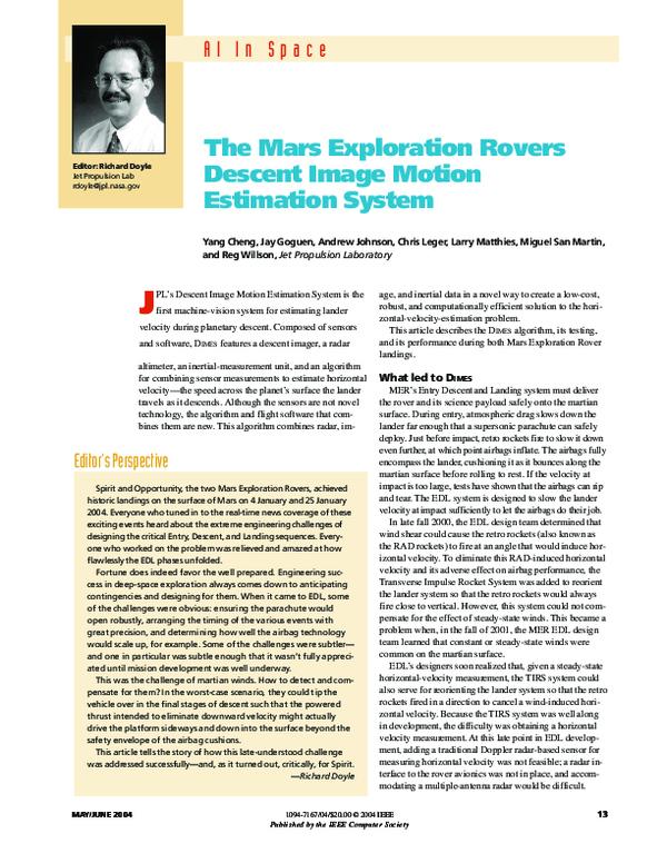 (PDF) The Mars exploration rovers descent image motion estimation