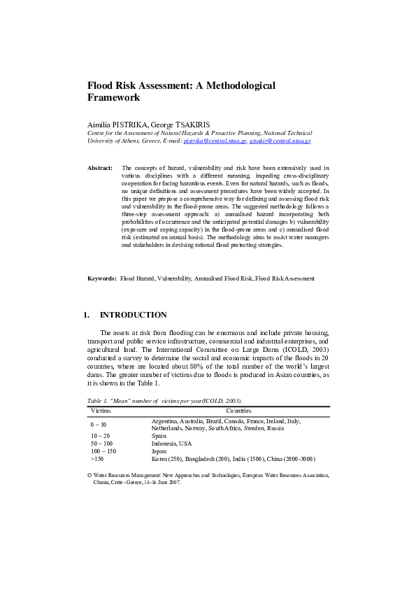 Pdf Flood Risk Assessment A Methodological Framework