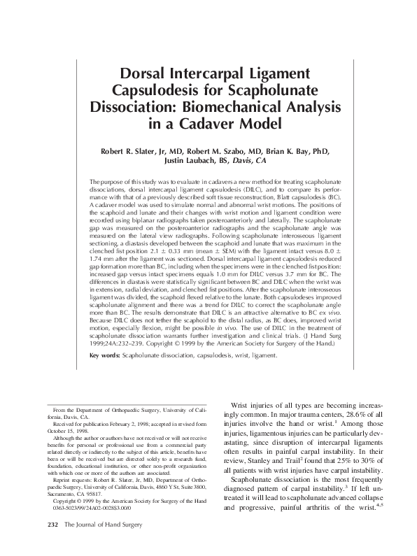 (PDF) Dorsal Intercarpal Ligament Capsulodesis for Predynamic and