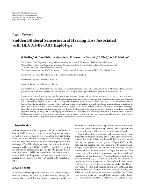 (PDF) Sudden Bilateral Sensorineural Hearing Loss Associated with HLA ...