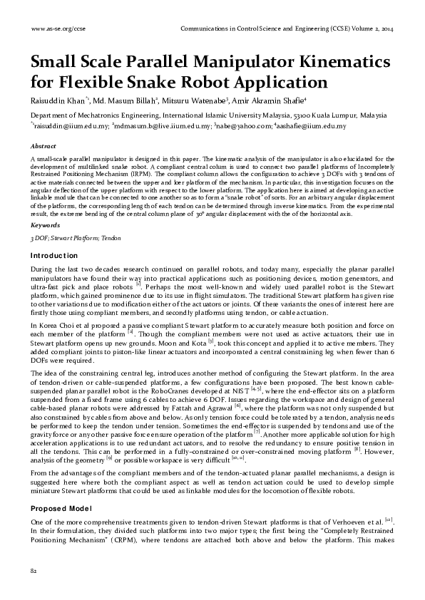 Pdf Small Scale Parallel Manipulator Kinematics For Flexible Snake