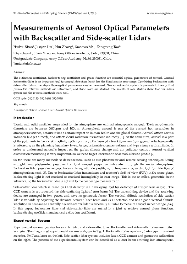 (PDF) Measurements of Aerosol Optical Parameters with Backscatter and