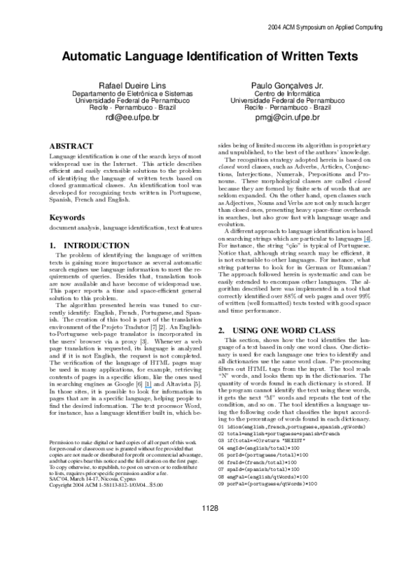 (PDF) Automatic language identification of written texts