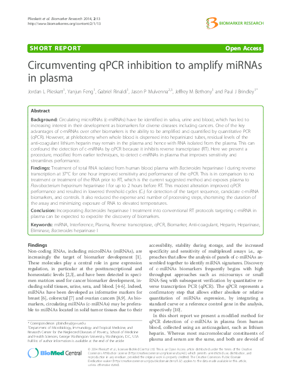 (PDF) Circumventing qPCR inhibition to amplify miRNAs in plasma