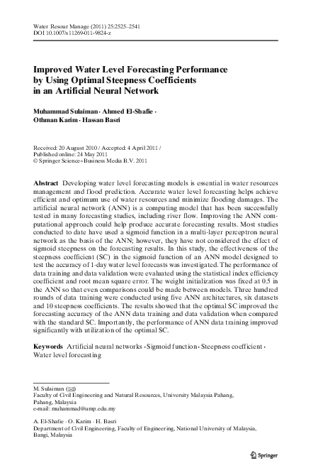 (PDF) Improved Water Level Forecasting Performance by Using Optimal ...